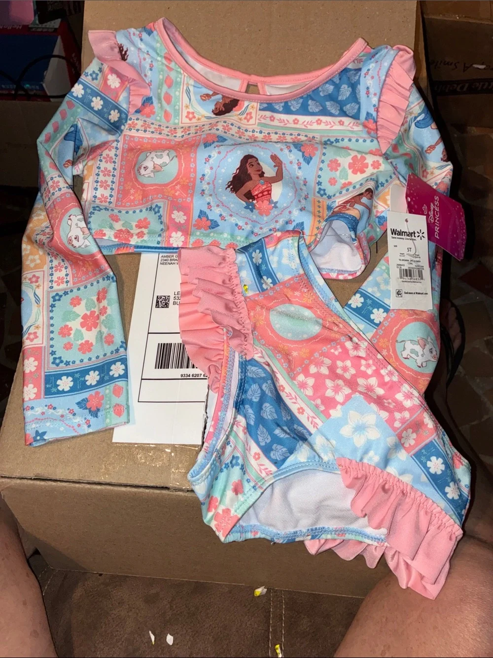 Disney Girls' Pink & Light Blue Moana Floral Long-Sleeve Two-Piece Swim Set